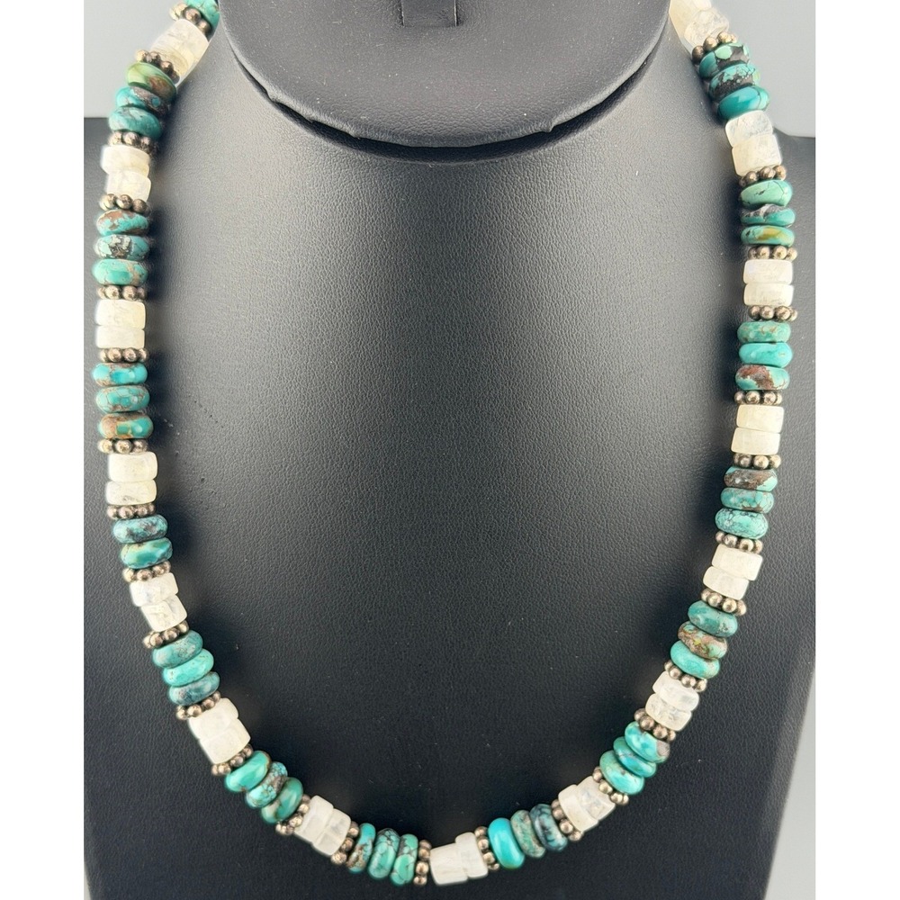Vintage Sterling Silver Green Stone Moonstone Disc Necklace and Earring Set 17in